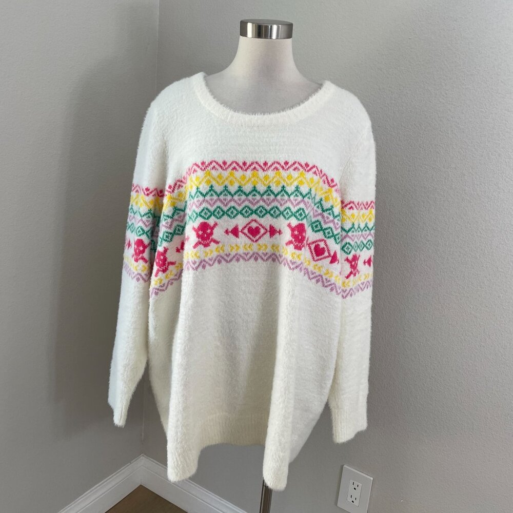 NEW Torrid Womens Plus 4X‎ Cream Fair Isle Fuzzy Knit Pullover Sweater Skulls